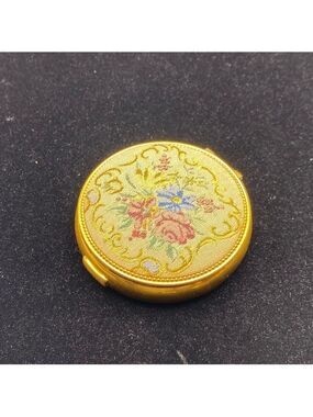 Vintage Evans Needlepoint Embroidered Floral Makeup Round Compact